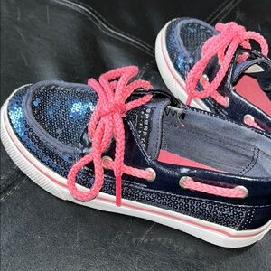 Sperry Kids Sequin Navy and Pink Boat Shoes US girls size 11M Fun has some bling